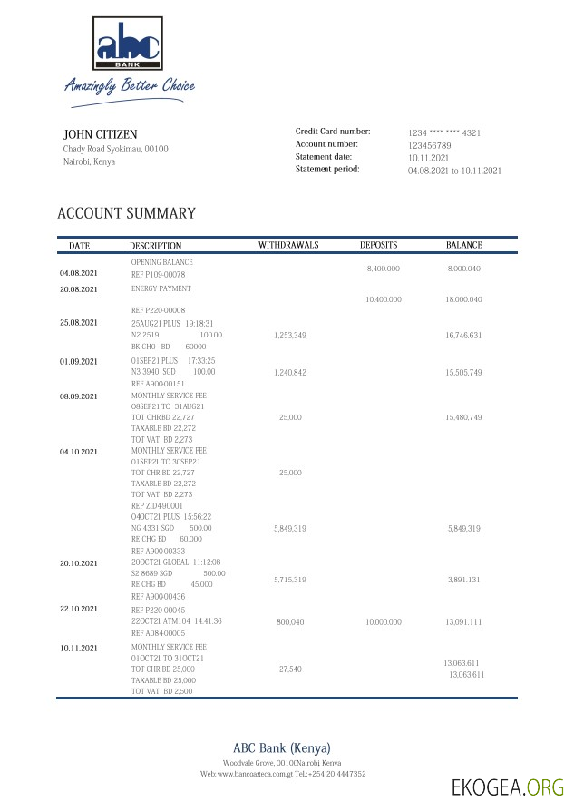 Relevé bancaire ABC du Kenya